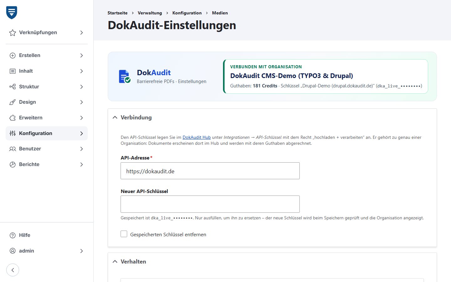 Nachgestellte Ansicht der Live-Demo: DokAudit-Einstellungen in der Drupal-Verwaltung der Beispiel-Gemeinde Musterstadt (Konfiguration → Medien): verbundene Organisation mit Guthaben und maskiertem API-Schlüssel, darunter API-Adresse und Feld für einen neuen Schlüssel