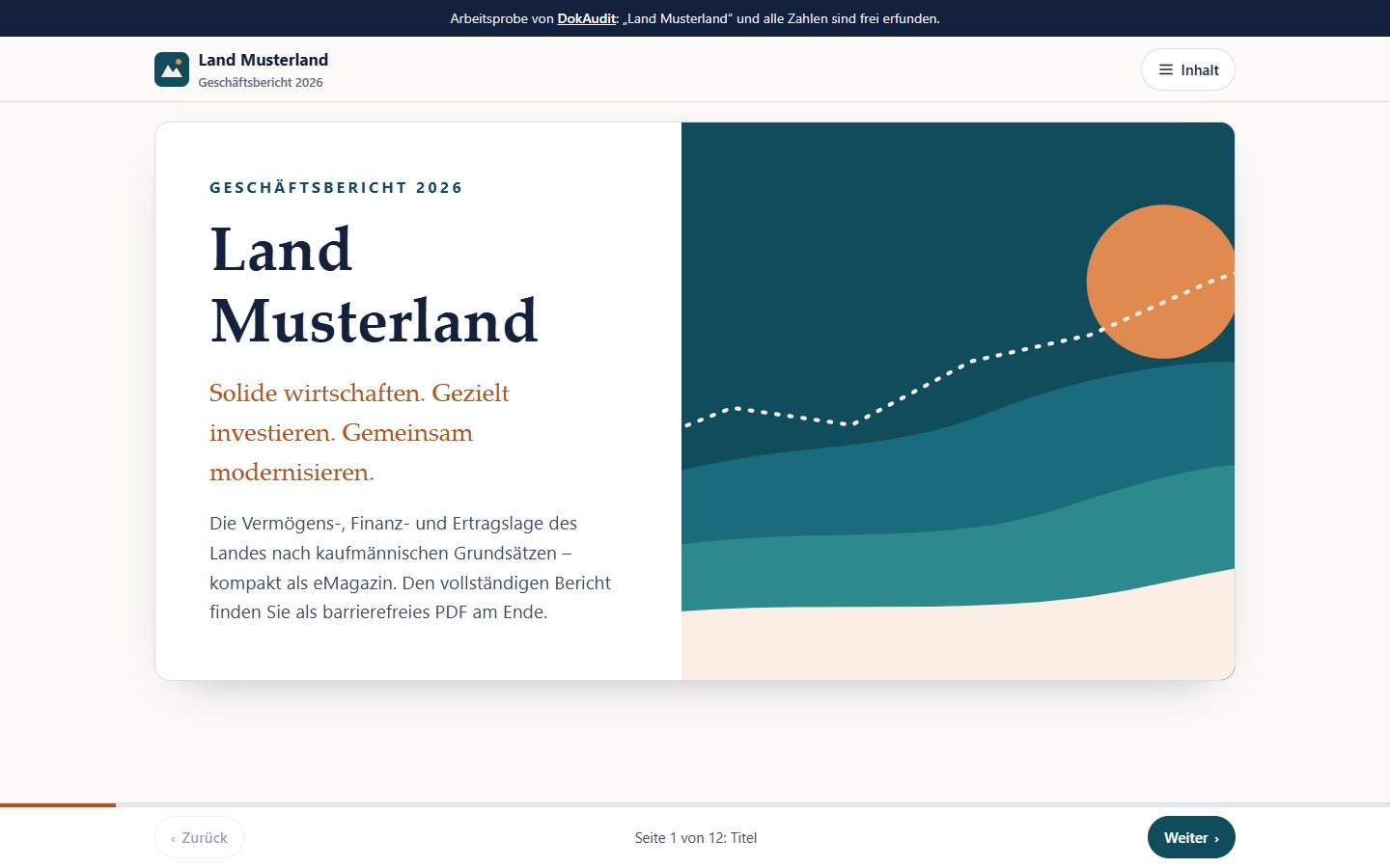 Arbeitsprobe eMagazin „Geschäftsbericht 2026 Land Musterland“: Titelseite mit stilisierter Hügellandschaft und dem Leitsatz „Solide wirtschaften. Gezielt investieren. Gemeinsam modernisieren.“, unten die Blätter-Leiste mit Zurück, Seite 1 von 12 und Weiter