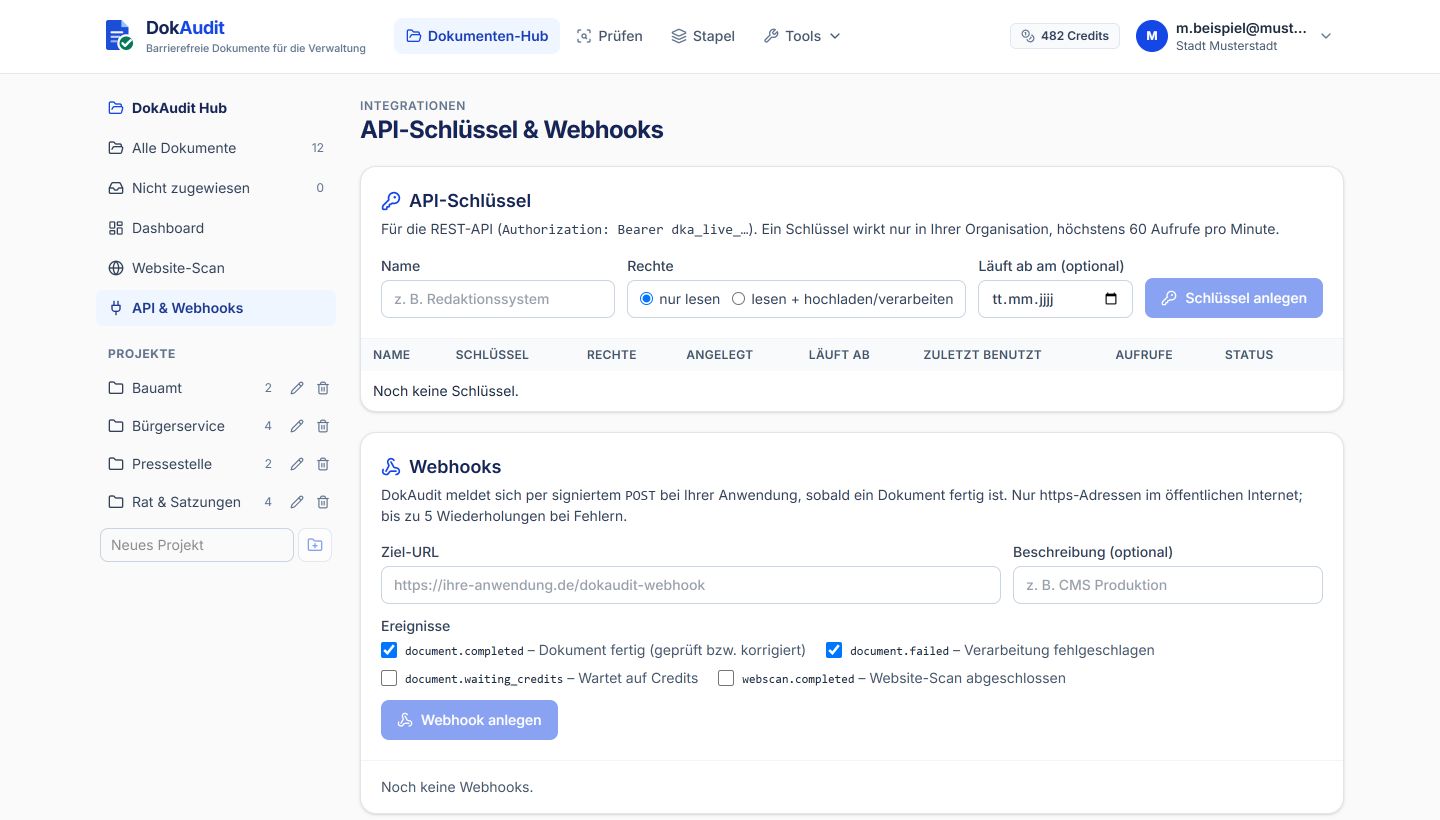 Bereich „API & Webhooks“ im Hub: API-Schlüssel mit Rechten „nur lesen“ oder „lesen + hochladen/verarbeiten“, Ablaufdatum, Webhooks für fertige Dokumente; links die Projekte Bauamt, Bürgerservice, Pressestelle und Rat & Satzungen.