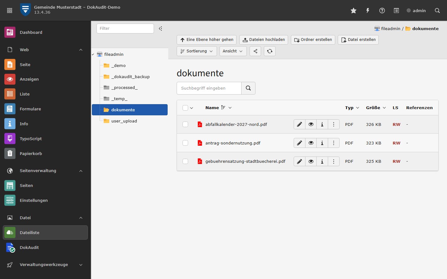 Nachgestellte Ansicht der Live-Demo: TYPO3-Dateiliste der Beispiel-Gemeinde Musterstadt, Ordner fileadmin/dokumente mit drei PDF-Dateien – die barrierefreien Fassungen liegen unter denselben Dateinamen